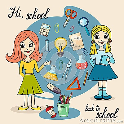 The character of a schoolteacher and a schoolgirl against the backdrop of stationery for the school Stock Photo